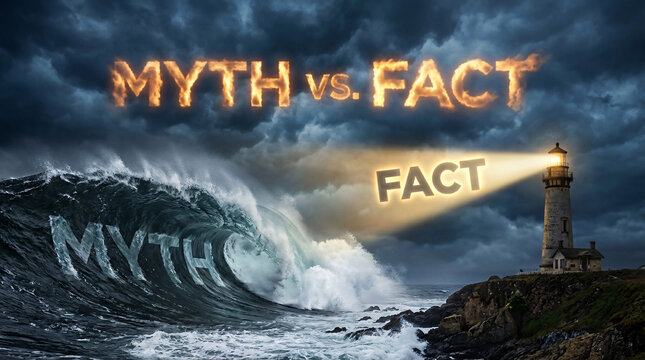 Dramatic ocean wave with "myth" text and a lighthouse shining a "fact" light beam under a storm.
