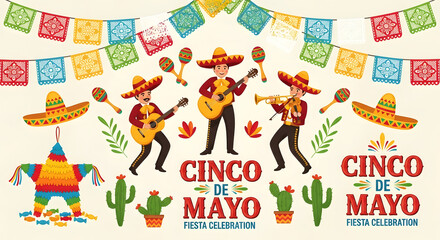 Naklejka premium Cinco de Mayo celebration elements with mariachi band and festive decorations