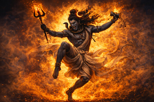 Lord Shiva performing fierce Tandava cosmic dance holding trishul with flowing hair surrounded by intense fire and flames, powerful Hindu deity mythology illustration for Maha Shivratri