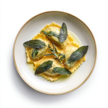 butter sauce and crispy sage leaves isolated on a white background