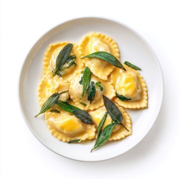 Agnolotti del plin with butter sauce and crispy sage leaves isolated on a white background