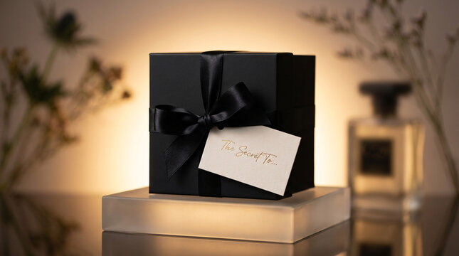 Elegant black gift box with silk ribbon and card reading "The Secret To..." on glowing pedestal