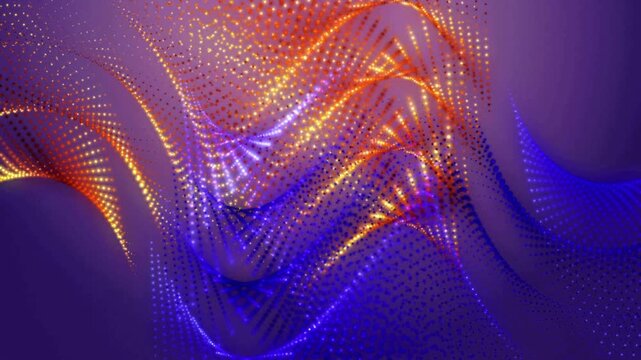 Colorful particle mesh of glowing red and blue dots swirling in a dynamic complex wave across a dark background.