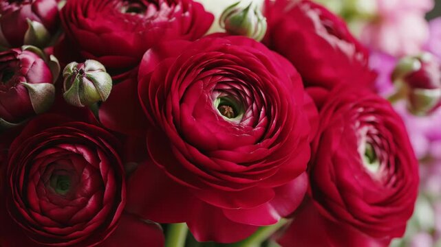 Macro close-up of a bouquet of deep red ranunculus flowers featuring densely layered petals and unopened green buds. Detailed view of vibrant burgundy Persian buttercup blooms.