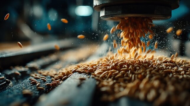 Industrial grain processing close up showing pouring grains onto conveyor belt