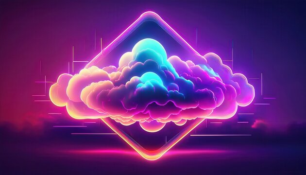 Illustration futuriste d'un nuage num&eacute;rique lumineux dans un cadre en losange n&eacute;on, concept de stockage de donn&eacute;es et cloud computing.