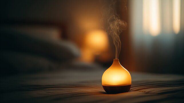Small ceramic diffuser emitting fragrant steam and warm light in a softly lit bedroom setting, creating a tranquil ambiance for relaxation and wellness.