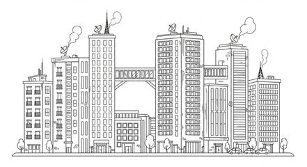 Fototapeta premium Cityscape illustration with tall buildings and smoke from chimneys.