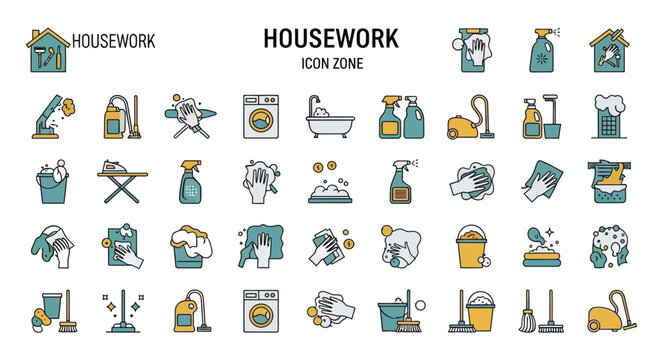 Colorful housework icon set depicting various cleaning tasks and supplies