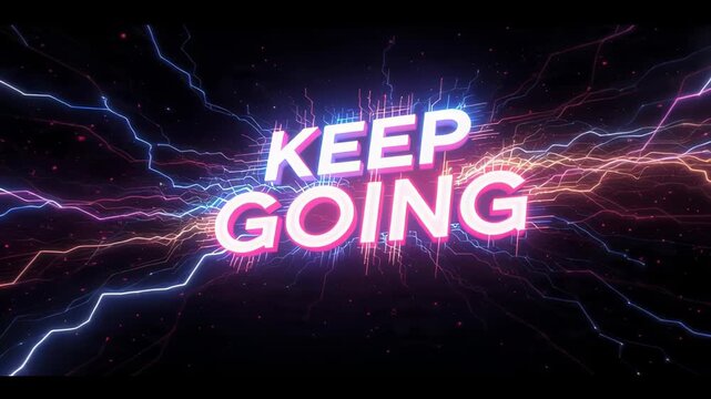 Neon sign reading 'KEEP GOING' with colorful lightning bolts on a dark background