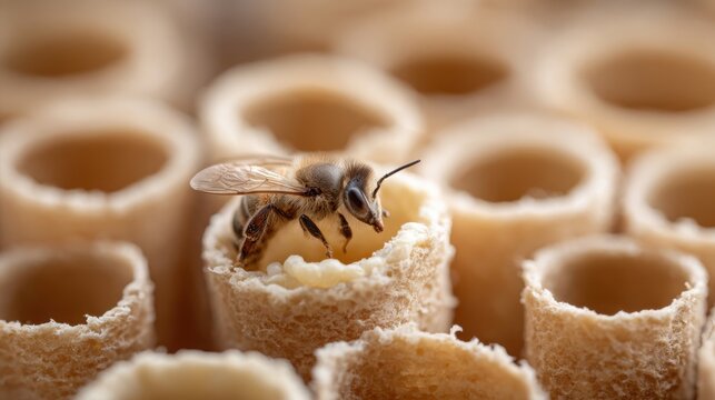 Close-up of a bee larva with royal jelly inside a hexagonal wax cell within a honeycomb structure