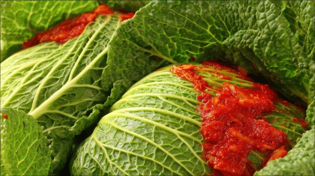 Close-up of fresh cabbage leaves being prepared with vibrant red spicy seasoning for Korean kimchi