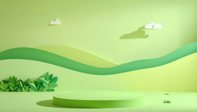 P&oacute;dio verde minimalista com fundo de paisagem ondulada e nuvens, ideal para exibi&ccedil;&atilde;o de produtos ecol&oacute;gicos ou temas infantis.