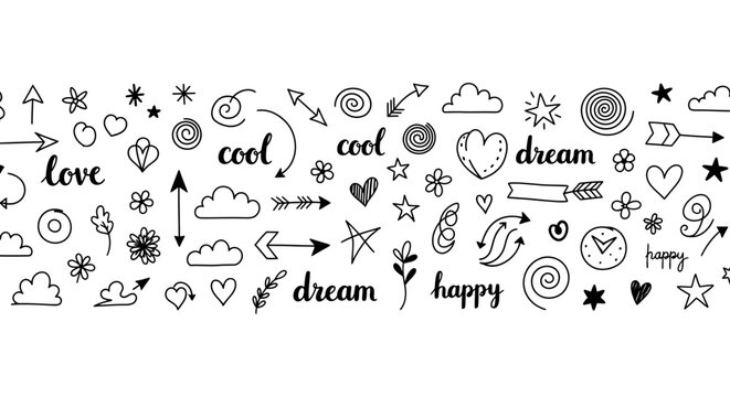 hand drawn doodles of arrows clouds hearts and words like love cool dream happy