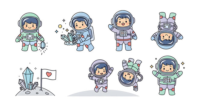 Astronot Team Exploring Space with Flag and Crystal