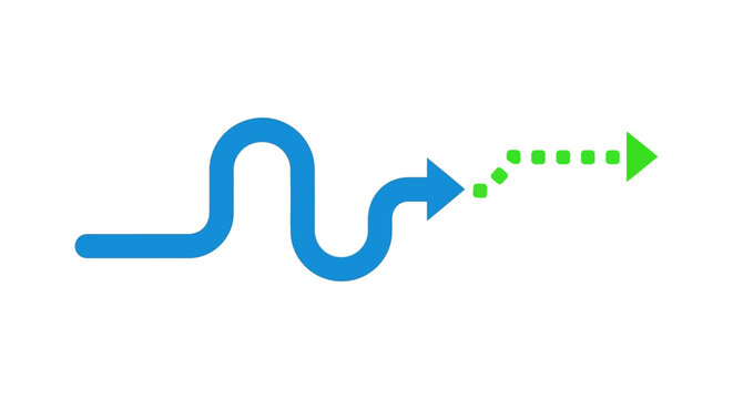 winding blue path transitioning to a clear green arrow symbolizing a journey from complex challenge to simple efficient solution and progress.