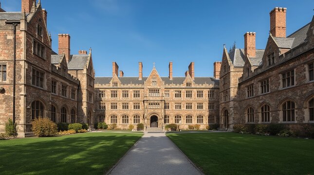 entrance to old ivy covered gothic stone college building with fall colors