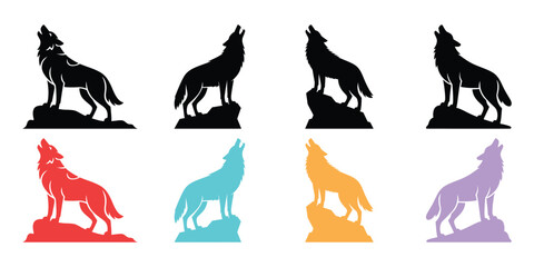Fototapeta premium Colorful wolf silhouettes howling at the moon