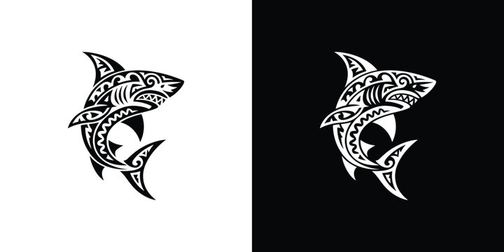 Tribal shark tattoos on white and black background