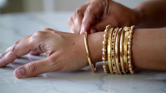 Close up of hands putting on ornate gold bangles on a wrist, traditional jewelry, cultural accessory, elegant detail