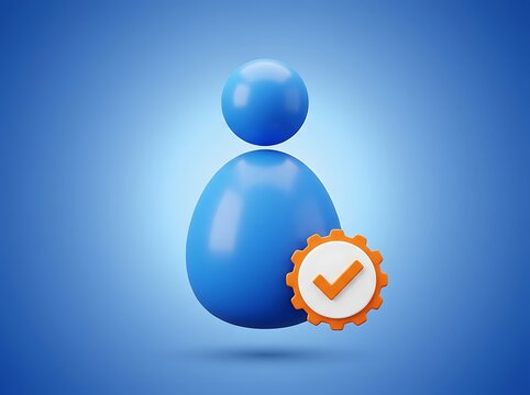 Blue 3D humanoid figure with orange gear and checkmark on blue background  verified person or approved user symbol