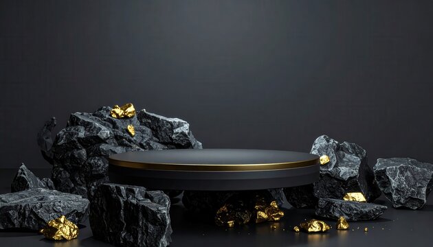 Socle circulaire noir et or entour&eacute; de pierres volcaniques et p&eacute;pites dor&eacute;es sur un fond sombre minimaliste pour une pr&eacute;sentation de luxe.