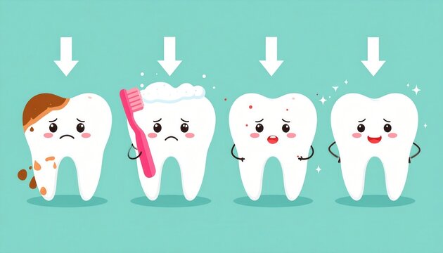 Ilustra&ccedil;&atilde;o vetorial do processo de higiene dental com dentes de desenho animado, mostrando a transforma&ccedil;&atilde;o de sujo para limpo e saud&aacute;vel.