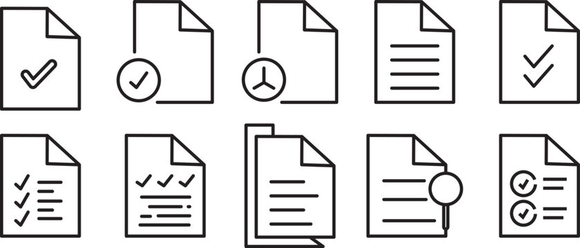 Document approval icon set, professional vector illustration of approved files and verified paperwork.Verified document and contract icons, creative graphics representing successfully approved and sig