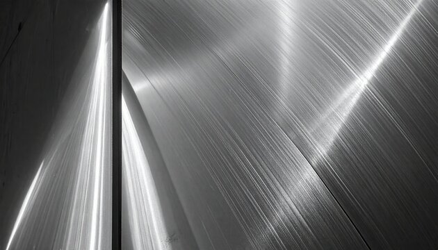 Superf&iacute;cie met&aacute;lica escovada com reflexos de luz brilhantes e linhas diagonais, criando um fundo abstrato moderno e elegante para tecnologia e design industrial.