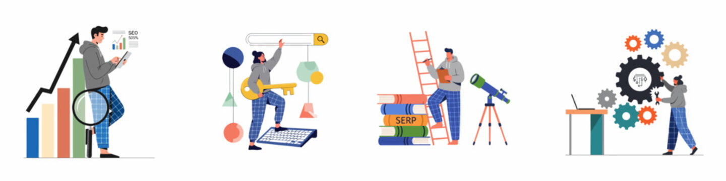 A collection of four illustrations depicting various aspects of Search Engine Optimization (SEO), including analytics, keyword research, SERP analysis, and technical maintenance.