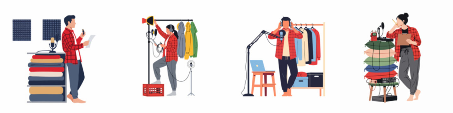 Flat illustration set of people recording podcasts and voiceovers in DIY home studios using creative soundproofing methods and professional audio equipment.