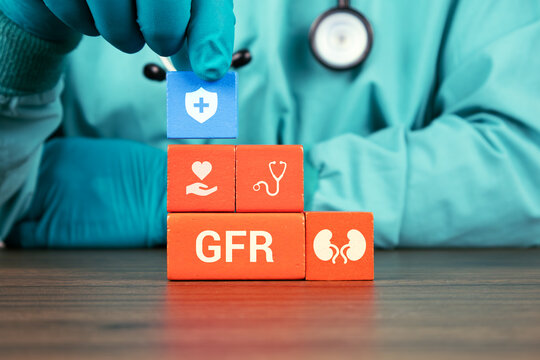 Concept of kidney function testing, screening, and awareness of early kidney cancer. GFR. The nephrologist's hand arranges wooden cubes with kidney icons.
