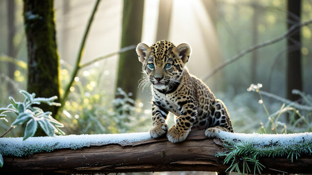 A young  earthy jaguar cute baby  cub balancing on a fallen log in a frost kissed forest