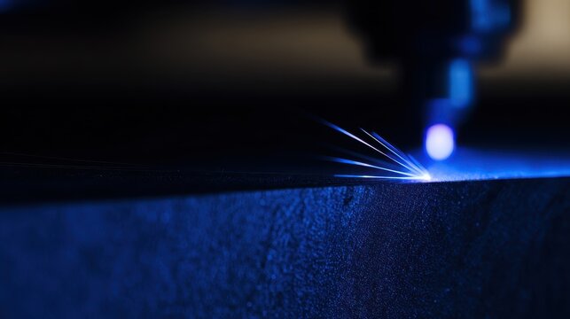 Macro of a laser cutter engraving dark metal, intense pinpoint of blue light, burning smell visualization