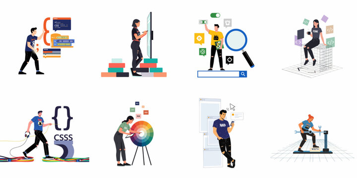 Set of flat vector illustrations of web developers and designers engaged in coding, UI/UX design, and digital application development projects.