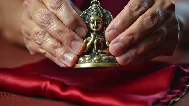 Hands gently cupping a small golden Buddha statue, serene meditation, spiritual practice, devotional offering, inner peace, mindfulness