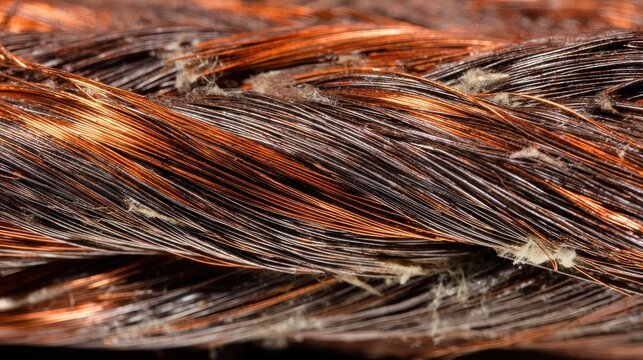 Macro of a thick copper wire bundle being stripped, shiny metallic strands, electrical engineering texture