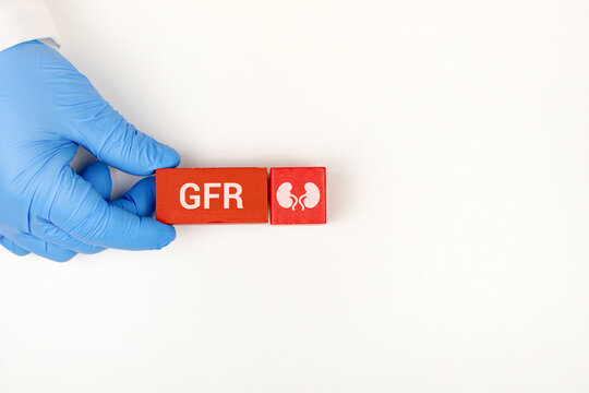Concept of nephrological check-up, information about the kidney and detection of renal neoplasms. GFR. The nephrologist's hand arranges wooden cubes with kidney icons.