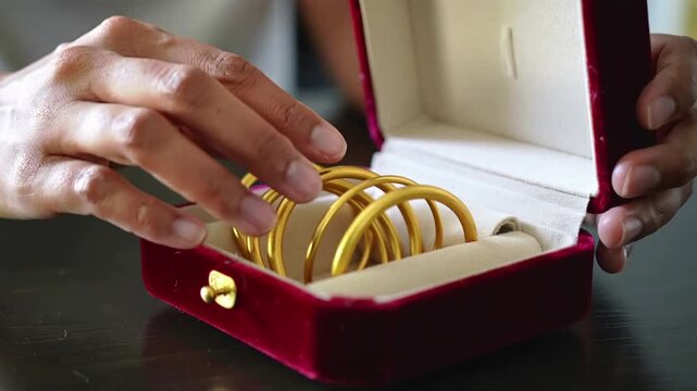 Hands opening a red velvet jewelry box to reveal golden bangles inside, luxury gift, surprise reveal