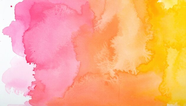 Texture aquarelle peinte &agrave; la main avec un m&eacute;lange fluide de teintes rose, orange et jaune sur fond blanc pour un design graphique moderne.