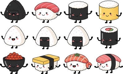 Cute Sushi Cartoon Character Set with Different Japanese Food Types and Happy Expressions for Kids Sticker Illustration and Restaurant Design © Sanjida