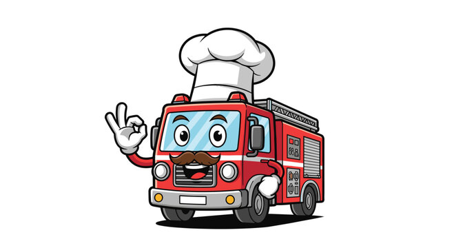 Funny fire truck cartoon character wearing chef hat makes okay hand gesture with mustache and big friendly eyes.