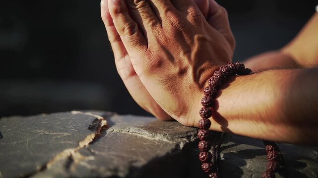 Man wearing prayer beads, hands clasped in prayer gesture on a rough stone surface, spiritual devotion, peaceful meditation, religious contemplation