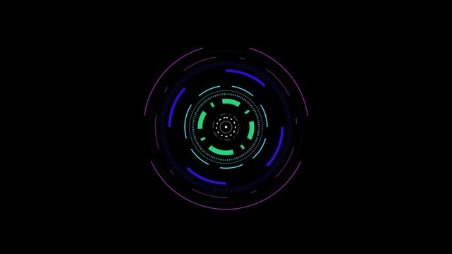 Holographic HUD circular telemetry rotates multi-color data layers for futuristic spaceship cockpit monitors and high-tech cinematic screen overlays.