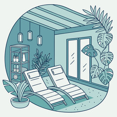 Two lounge chairs on a patio with plants and a bookshelf ©  Stock Gallery