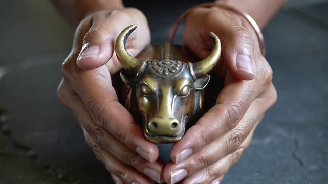 Two hands gently hold a brass bull figurine, symbolizing wealth and strength, with a rustic dark background, creating a feeling of protection and care