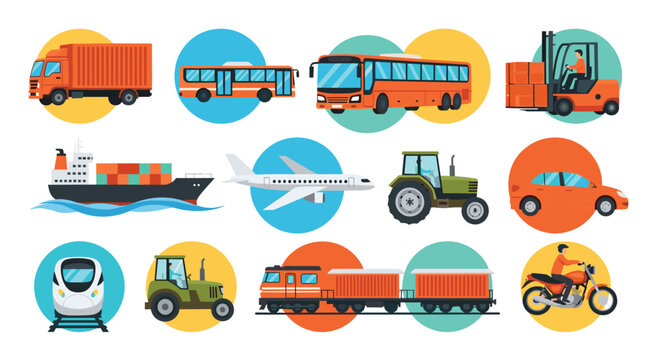 Comprehensive collection of transportation icons including truck, bus, forklift, ship, airplane, tractor, car, train, and motorcycle.