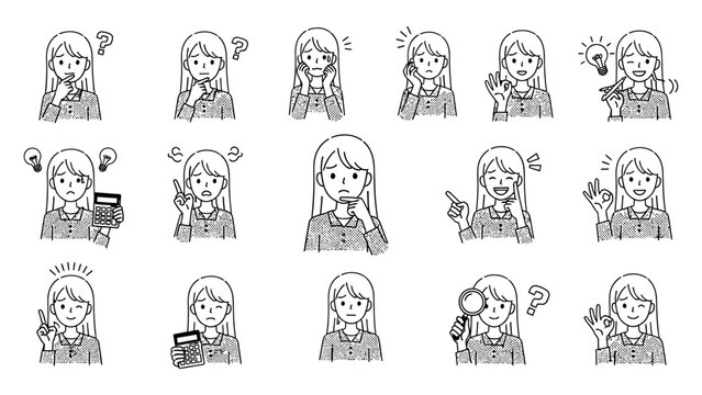 young female character demonstrating various human emotions and thinking processes through expressions and communication gestures.