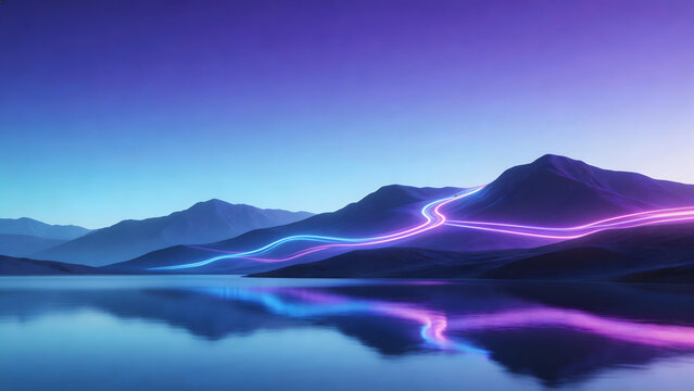 mountain landscape with neon light trails