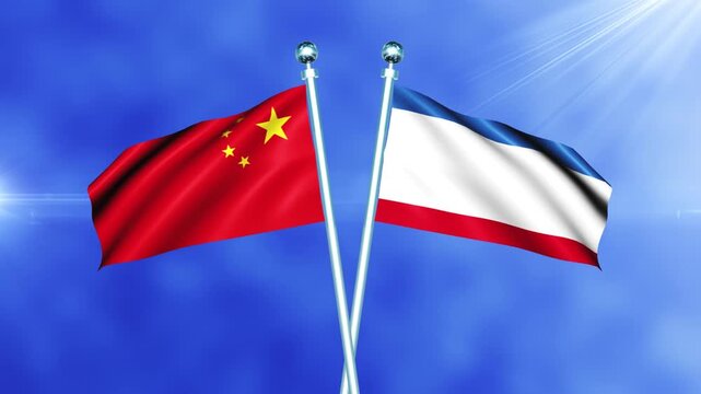 China and Crimea Flag Waving On Pole Loop